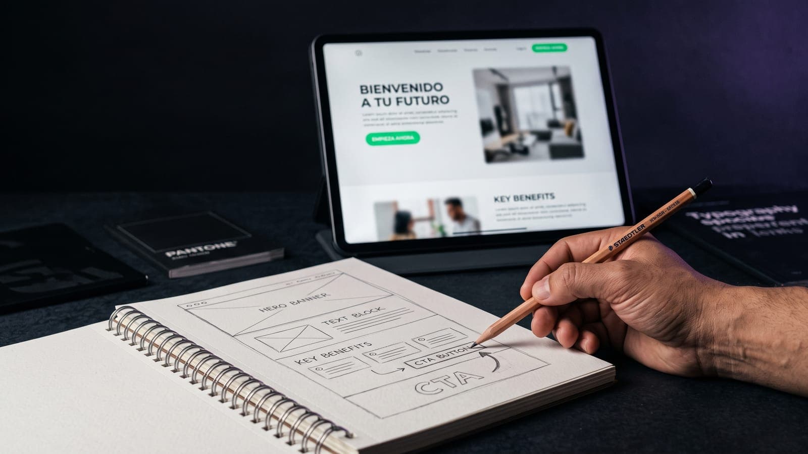 Cuaderno con el wireframe de una landing page (hero, beneficios y CTA) junto a una tablet mostrando la versión final con botón de llamado a la acción en verde