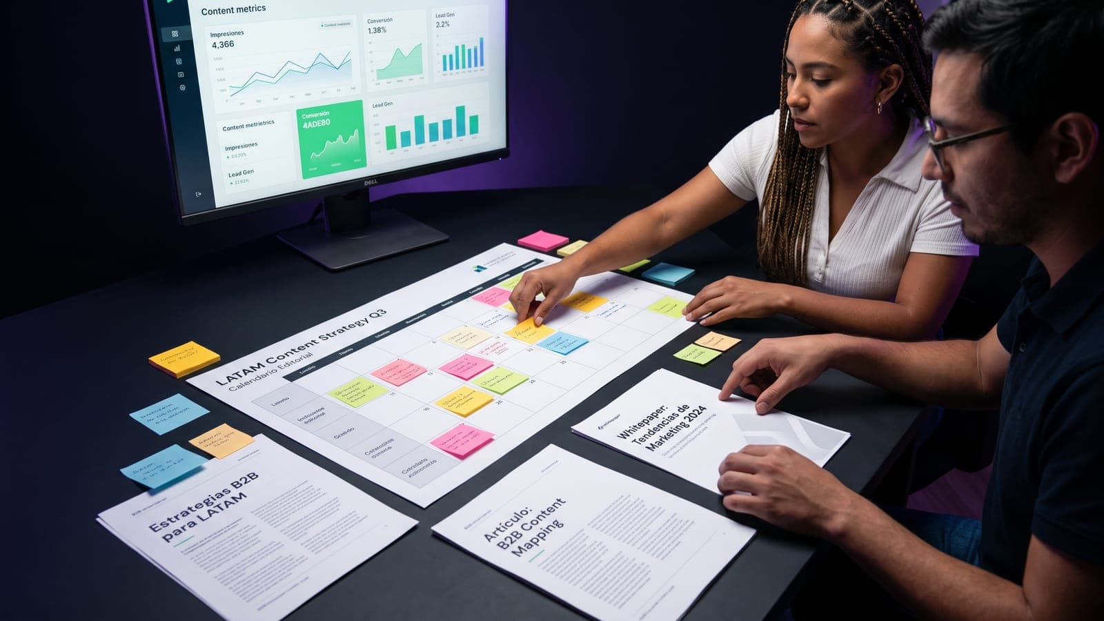 Equipo organizando un calendario editorial mural de estrategia de contenidos B2B para LATAM con post-its, artículos impresos y métricas en pantalla