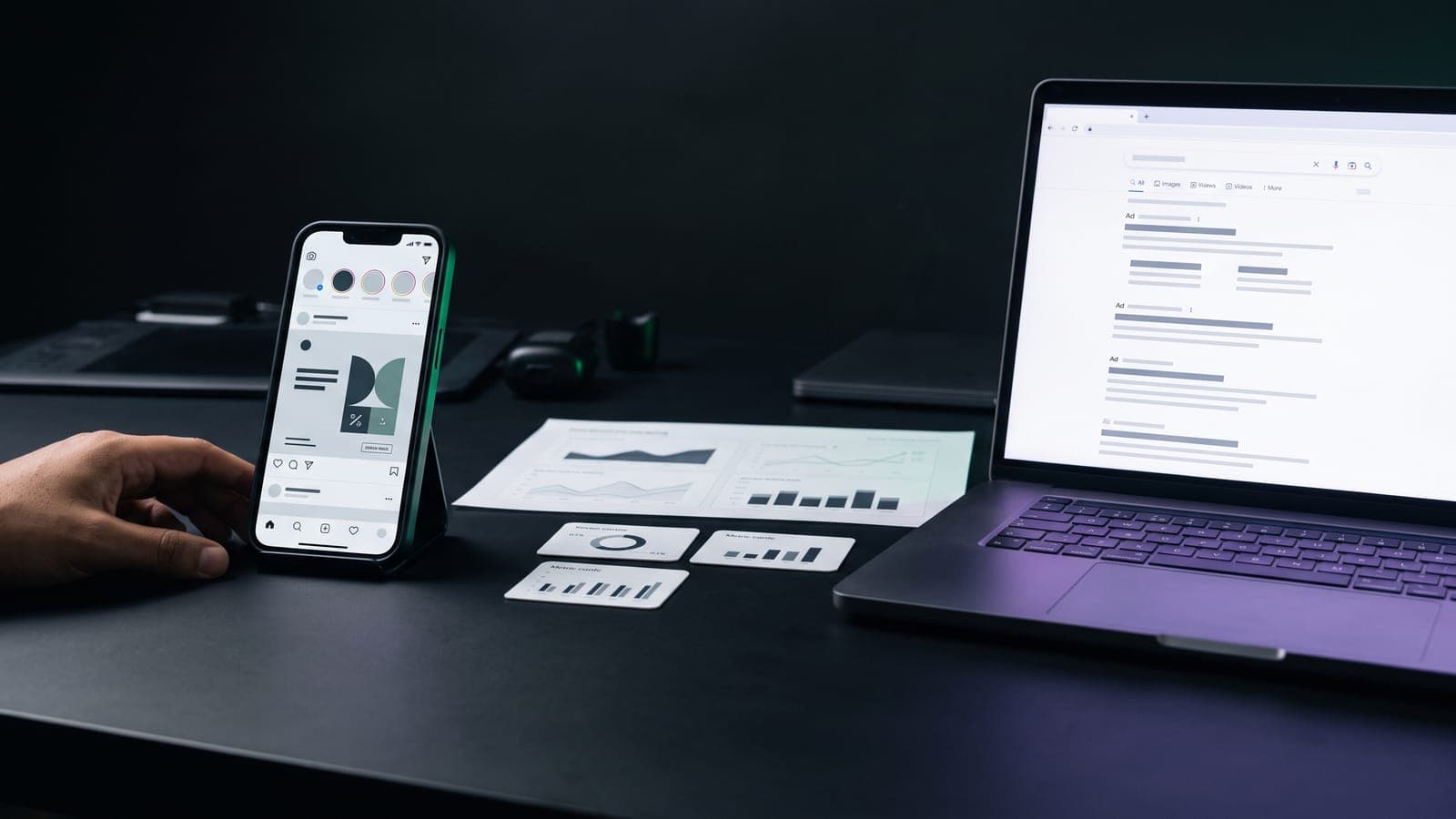 Smartphone con un post patrocinado en el feed frente a una laptop con resultados de búsqueda etiquetados como anuncio, entre gráficas de rendimiento: el duelo Meta Ads vs Google Ads