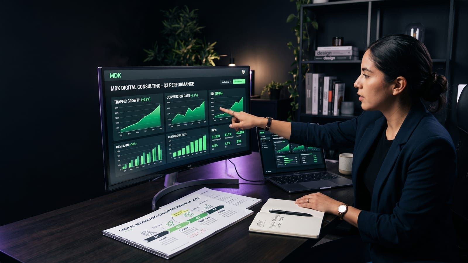 Consultora señalando un dashboard con crecimiento de tráfico, conversión y ROI junto a un roadmap estratégico impreso: el plan de acción cuando un negocio no genera ventas