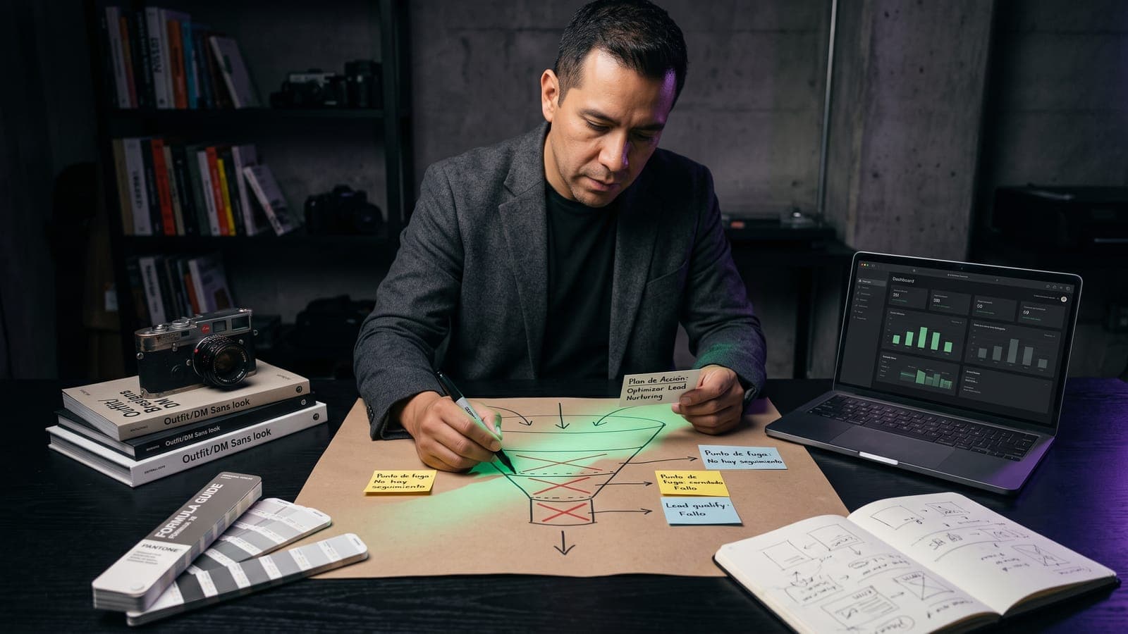 Consultor dibujando un embudo de conversión con fugas marcadas en rojo y post-its con plan de acción, diagnosticando por qué una página web no genera ventas