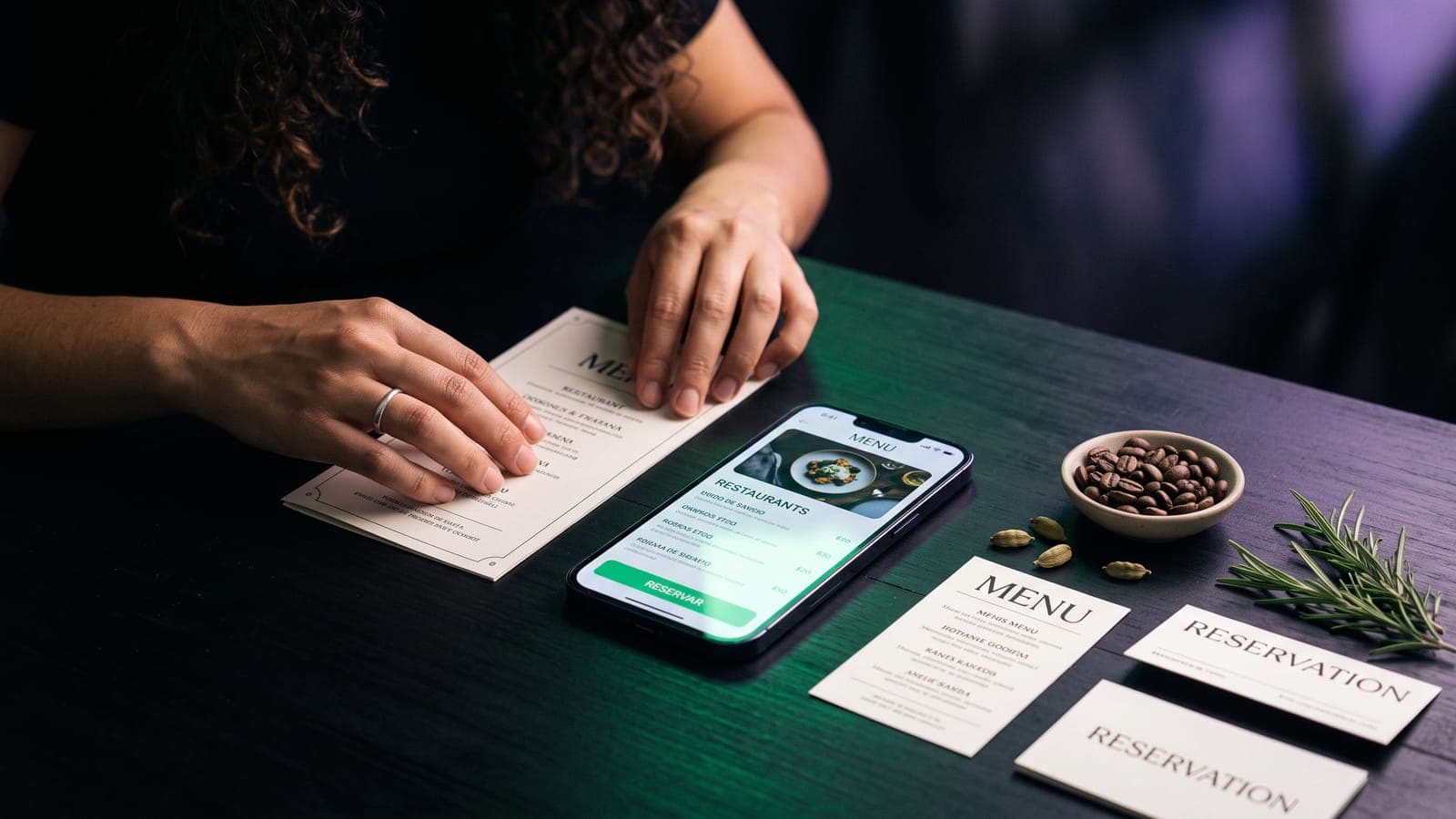 Restaurantera revisando el menú impreso junto a un smartphone con la página web del restaurante y botón de reservar en verde