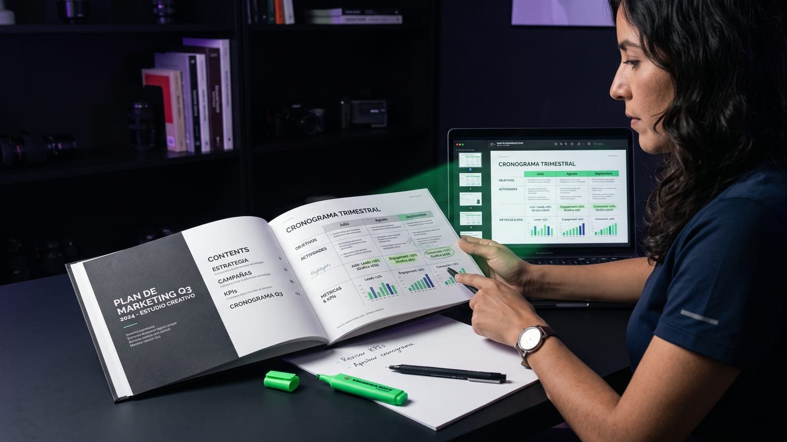 Estratega revisando un plan de marketing impreso con estrategia, campañas y KPIs junto a una laptop con el cronograma trimestral