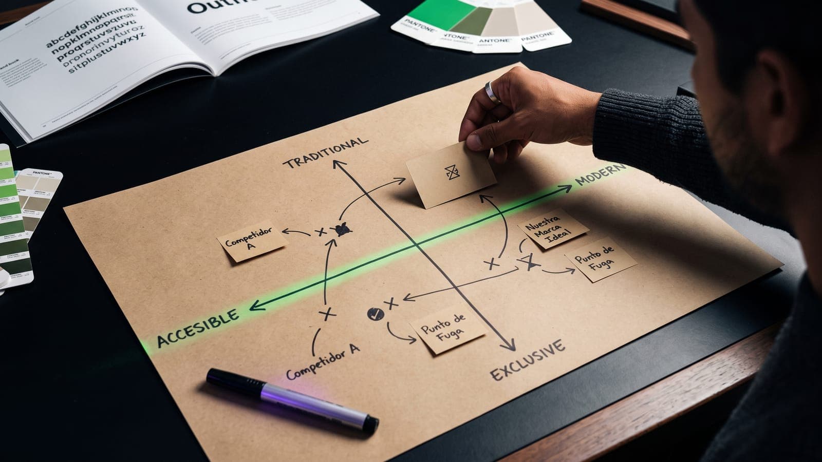 Mapa de posicionamiento de marca dibujado en papel kraft con ejes tradicional-moderno y accesible-exclusivo, con notas de competidores y la marca ideal
