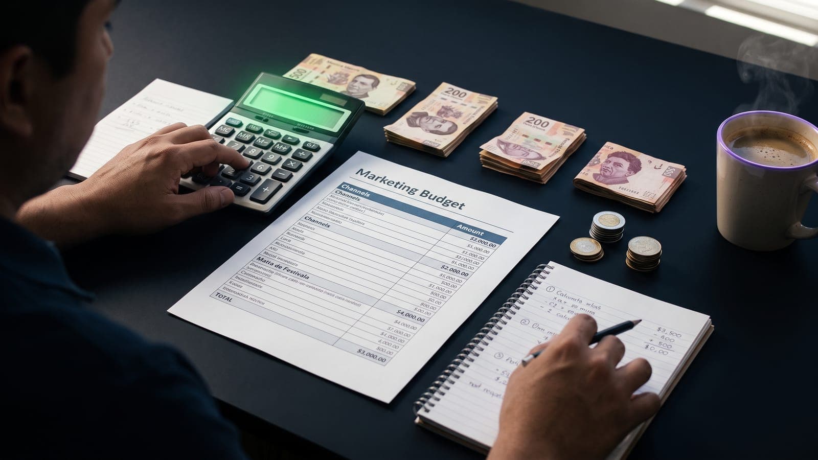Emprendedor calculando el presupuesto de marketing de su pequeño negocio con billetes mexicanos, calculadora y una hoja de distribución por canales