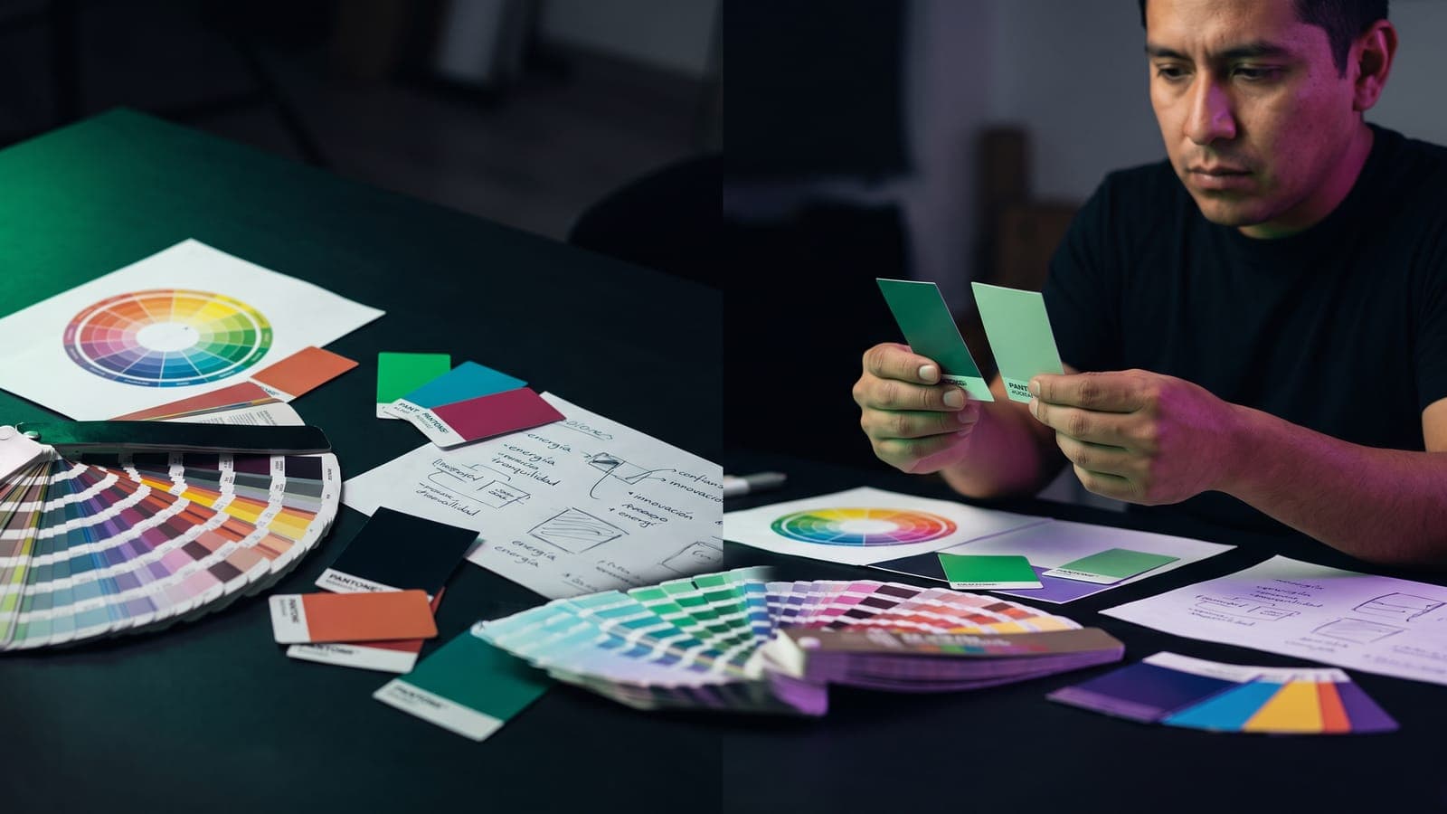 Diseñador comparando muestras de color junto a un círculo cromático y notas de significado emocional: psicología del color aplicada al branding