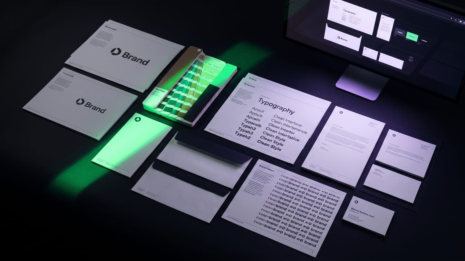 Bodegón panorámico con todos los componentes de una marca desplegados como guía completa de branding: manuales, especímenes tipográficos, paleta Pantone, papelería y tarjetas