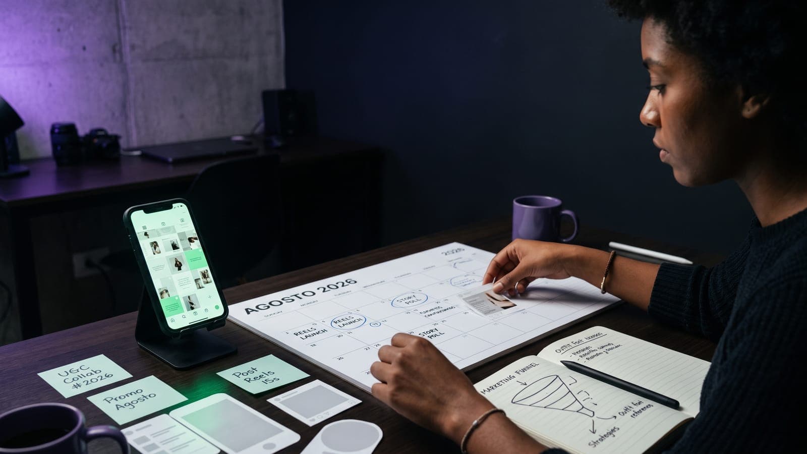 Community manager planeando el calendario mural de agosto 2026 con un smartphone mostrando el grid de Instagram y post-its de reels y promociones del negocio