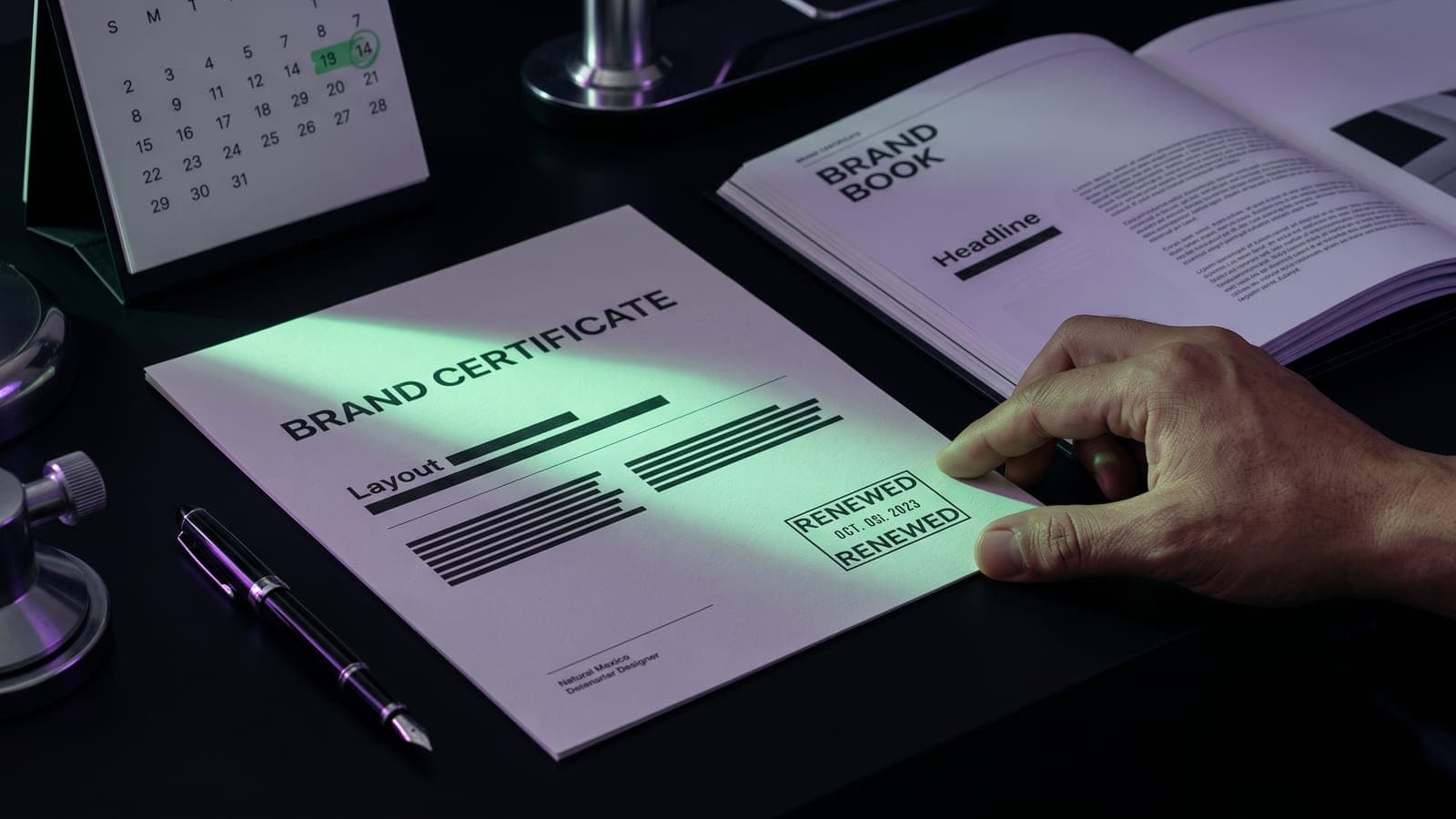 Mano sosteniendo un certificado con sello de renovado junto a un calendario con fechas marcadas y un sello de escritorio, al tramitar la renovación de marca y declaración de uso ante el IMPI