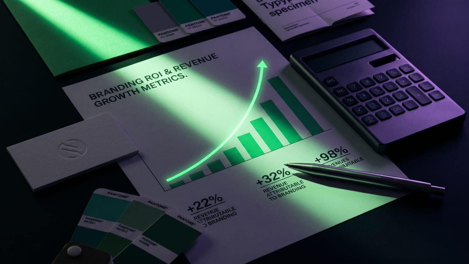 Reporte impreso de ROI del branding con curva de crecimiento ascendente y porcentajes de ingresos atribuibles a la marca, junto a calculadora y muestras Pantone