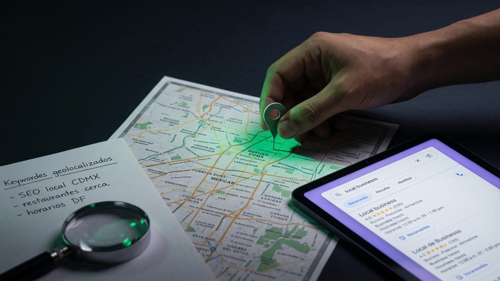 Mano colocando un pin sobre un mapa impreso de Ciudad de México junto a una lista de keywords geolocalizadas y una tablet con resultados de negocios locales: SEO local en México