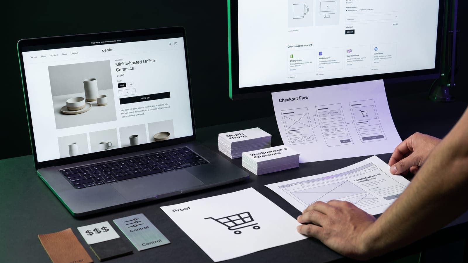 Laptop con una tienda en línea de cerámica junto a un monitor y tarjetas de plugins y extensiones, con wireframes de checkout sobre la mesa: la comparativa Shopify vs WooCommerce en México