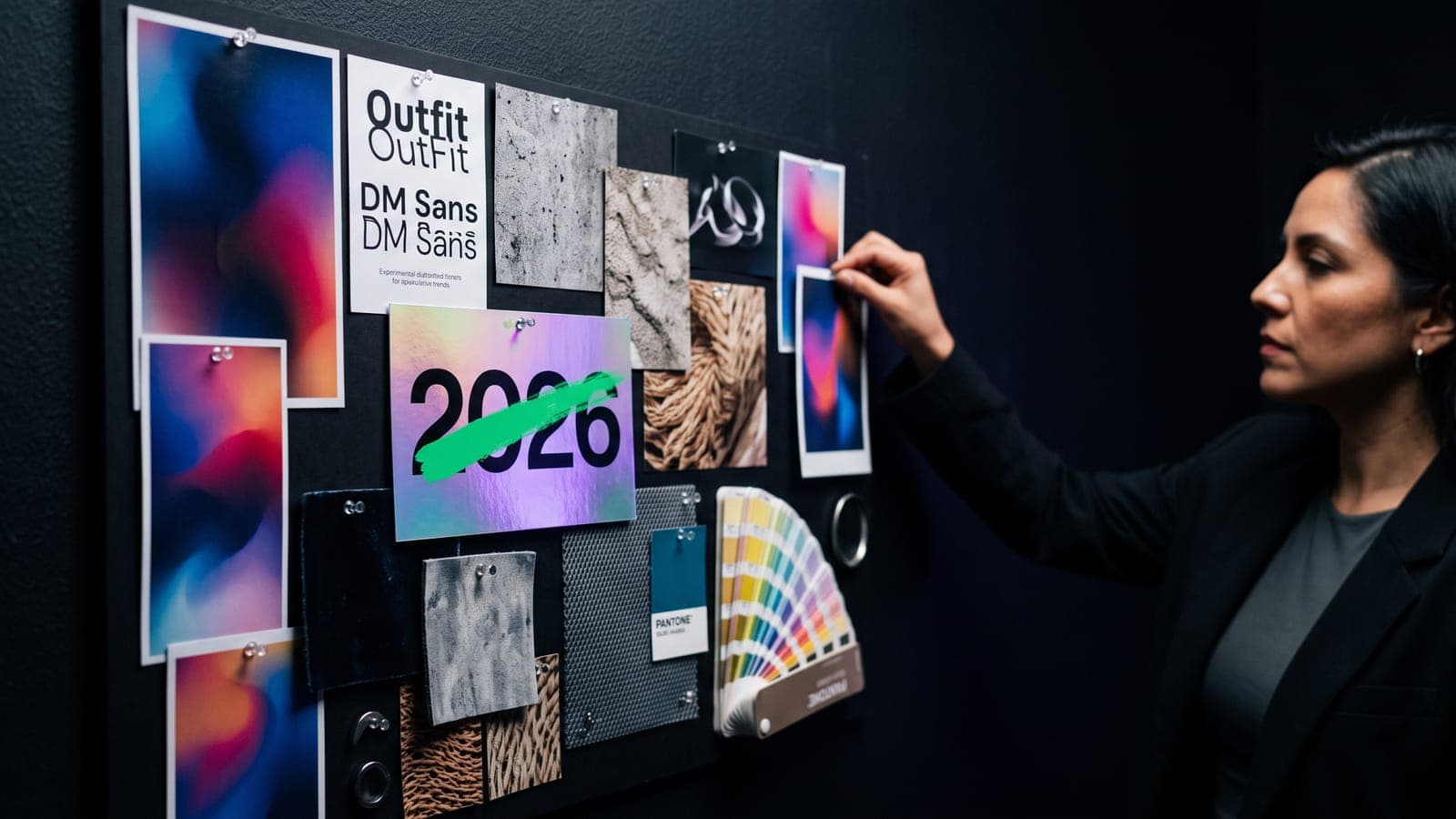 Directora de arte curando un moodboard físico de tendencias de diseño gráfico 2026 con degradados, texturas, tipografías experimentales y muestras Pantone