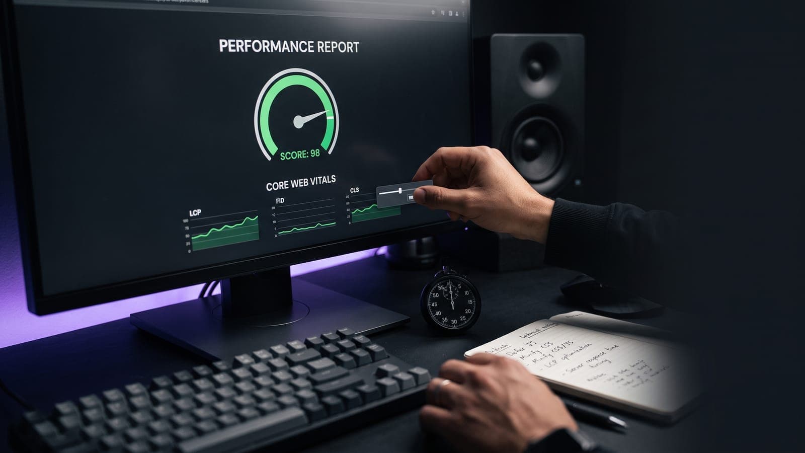 Monitor con un reporte de rendimiento web con score 98 y gráficas de Core Web Vitals junto a un cronómetro físico: optimizar la velocidad de carga de un sitio