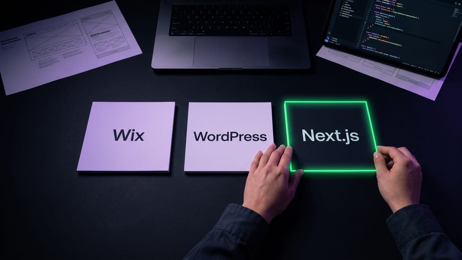 Tres tarjetas comparando Wix, WordPress y Next.js sobre una mesa oscura, con Next.js destacado en verde neón como la elección técnica